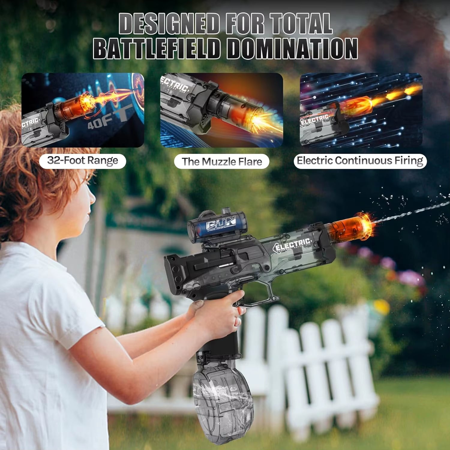 Electric Continuous Firing Water Gun Fully Automatic with Light Flame Large Capacity Water Blaster Summer Outdoor Beach Toy